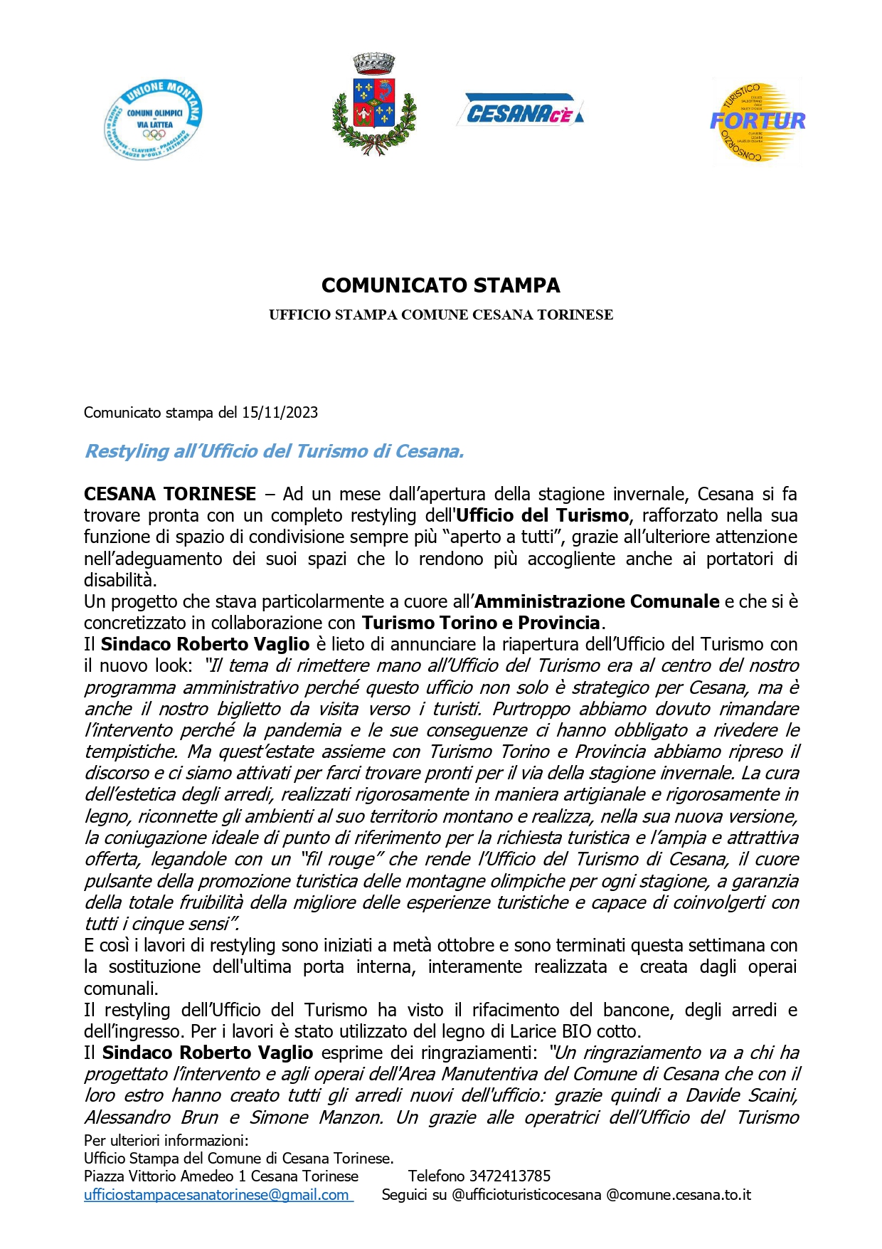 Comunicato Stampa del 15/11/2023 – Restyling all’Ufficio del Turismo di Cesana.