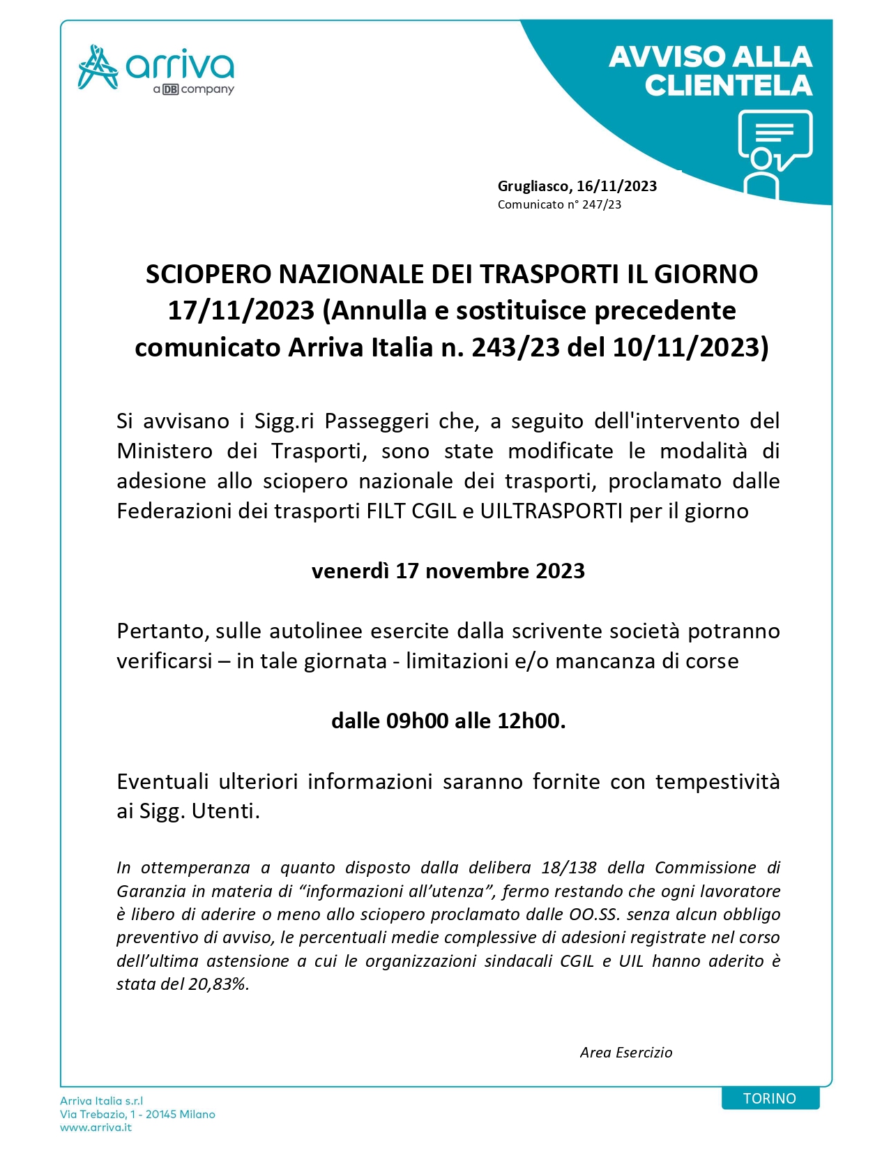 Aggiornamento Sciopero Nazionale dei trasporti 17/11/2023.