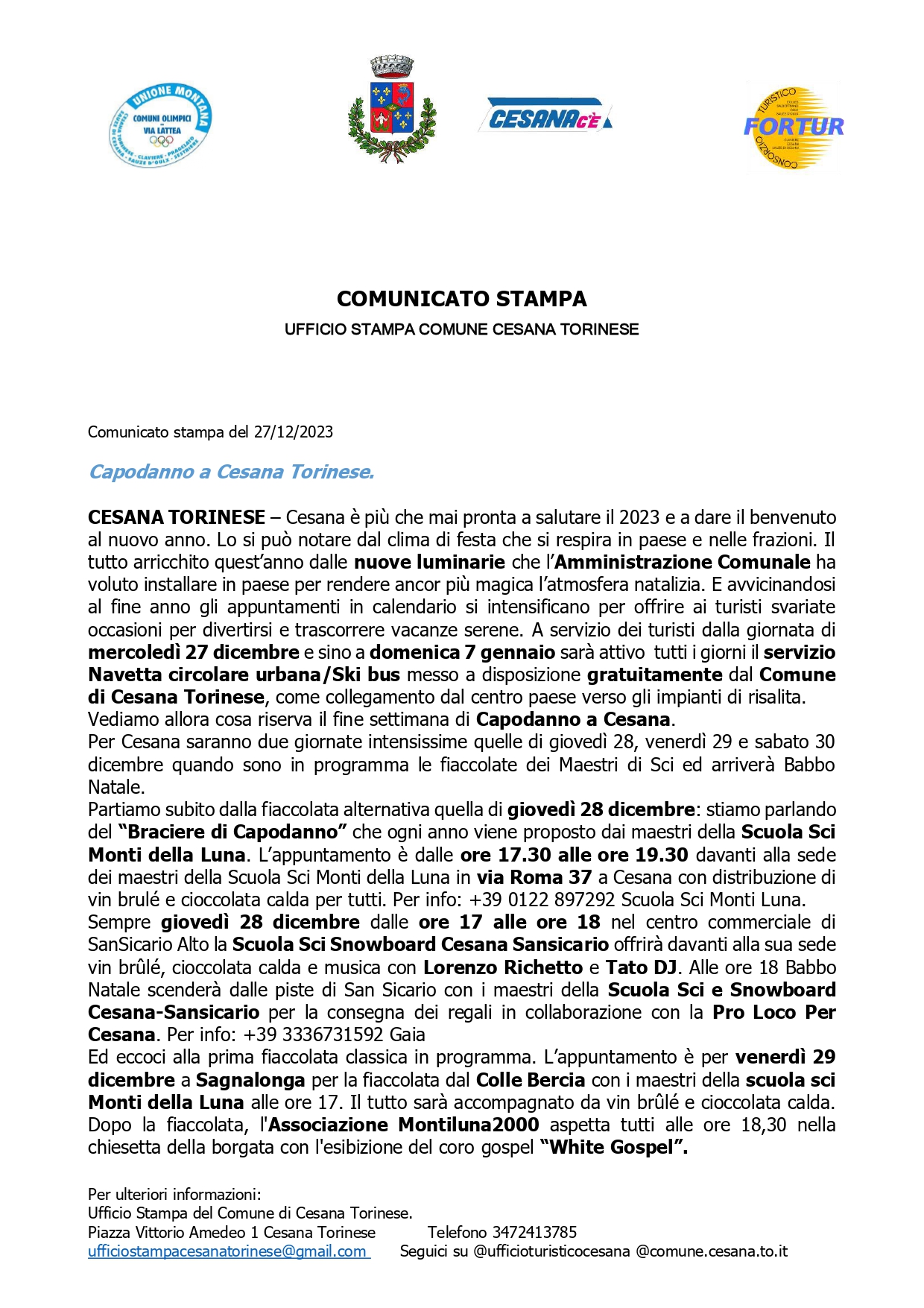Comunicato Stampa del 27/12/2023 – Capodanno a Cesana Torinese.