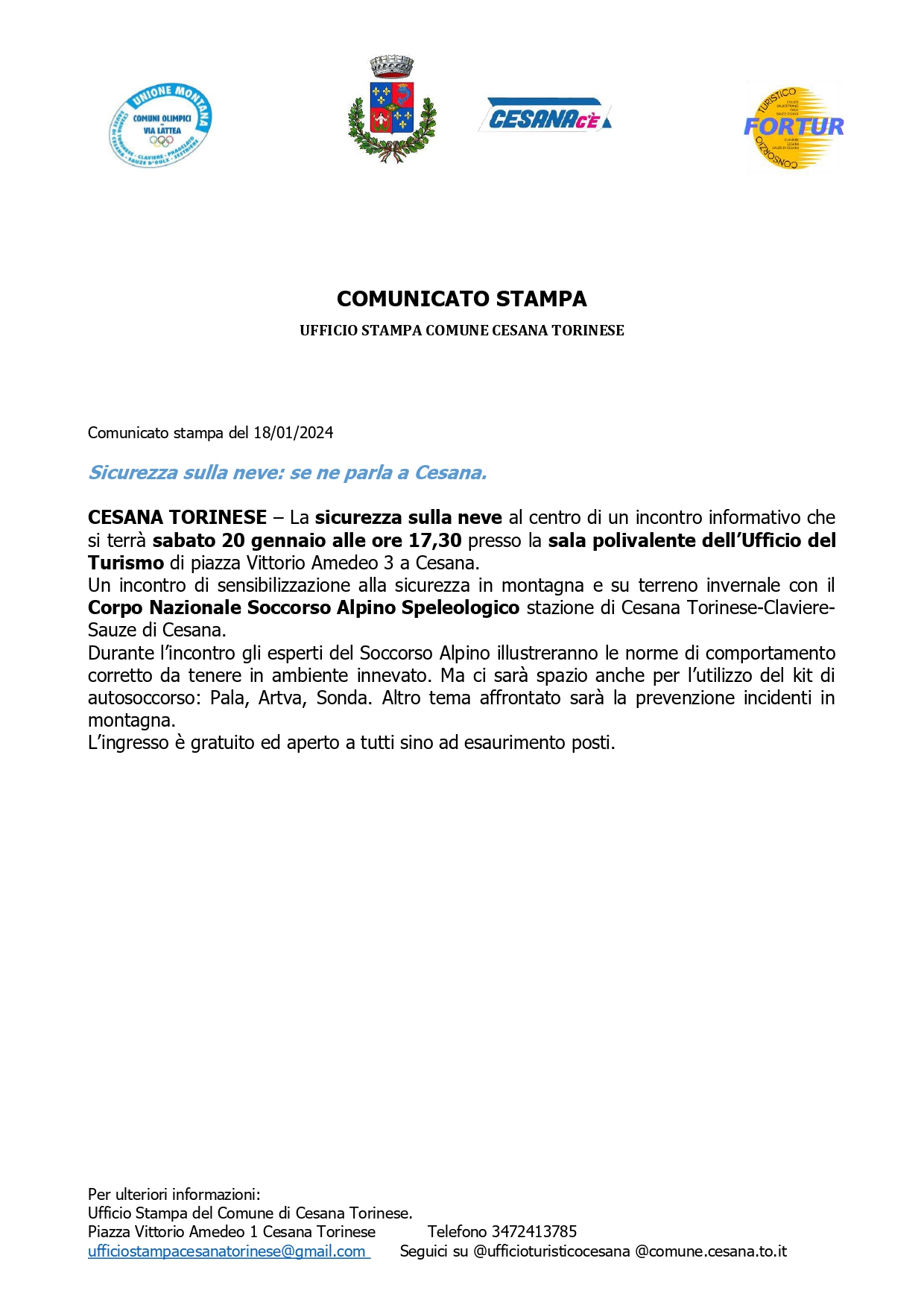 Comunicato Stampa del 18/01/2024 “Sicurezza sulla neve: se ne parla a Cesana”.