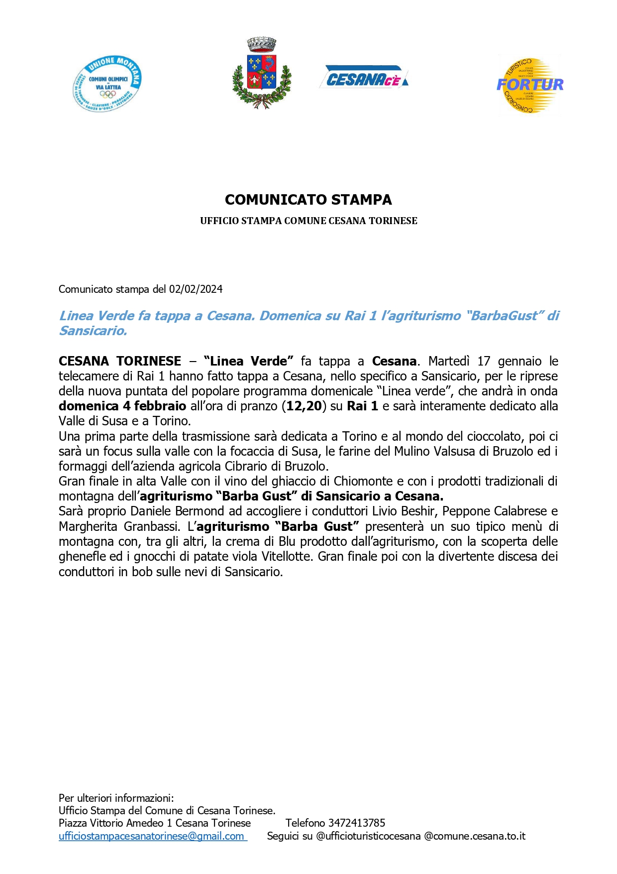 Comunicato Stampa del 02/02/2024 – Linea Verde fa tappa a Cesana.