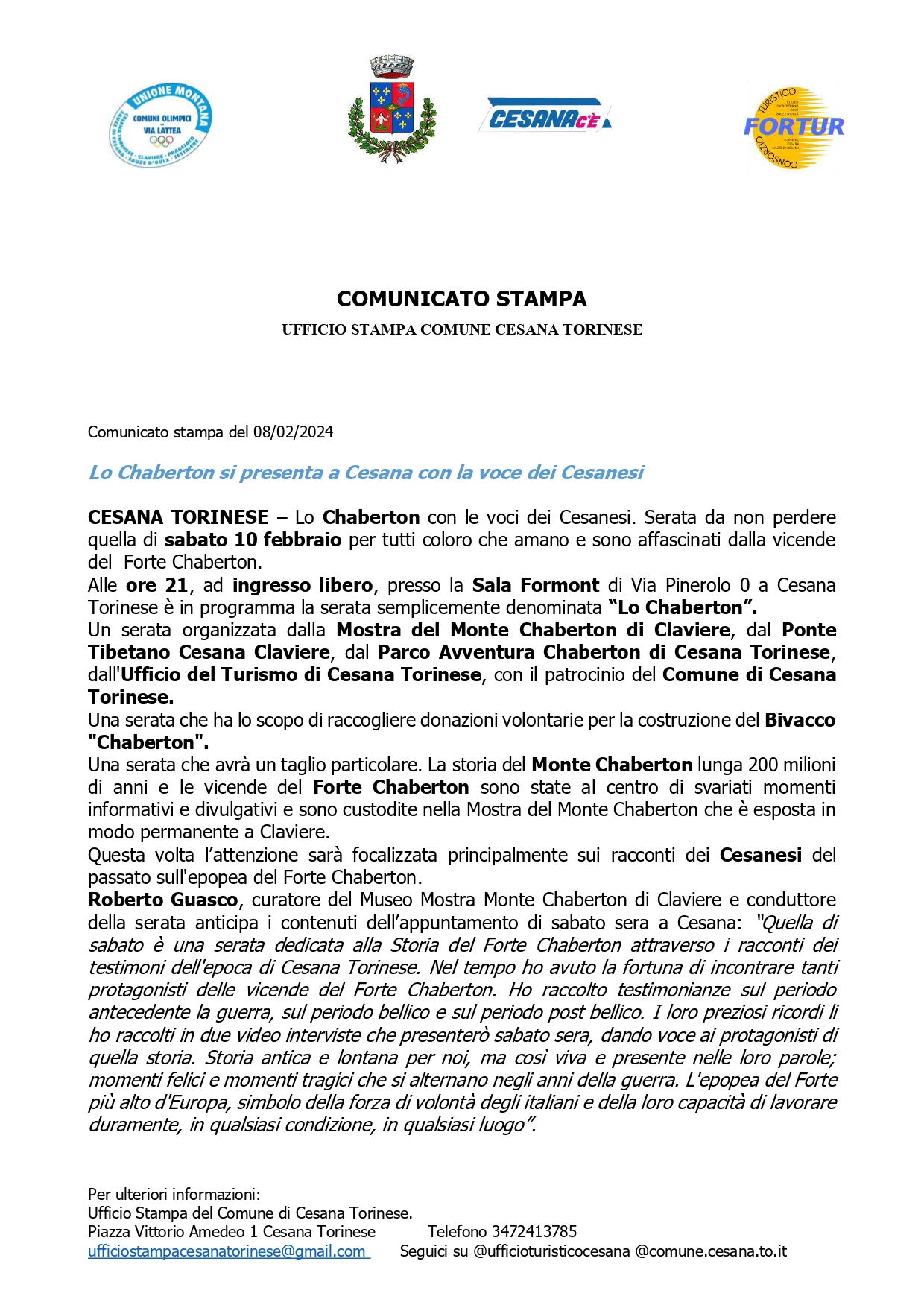 Comunicato Stampa del 08/02/2024 – “Lo Chaberton si presenta a Cesana con la voce dei Cesanesi”.
