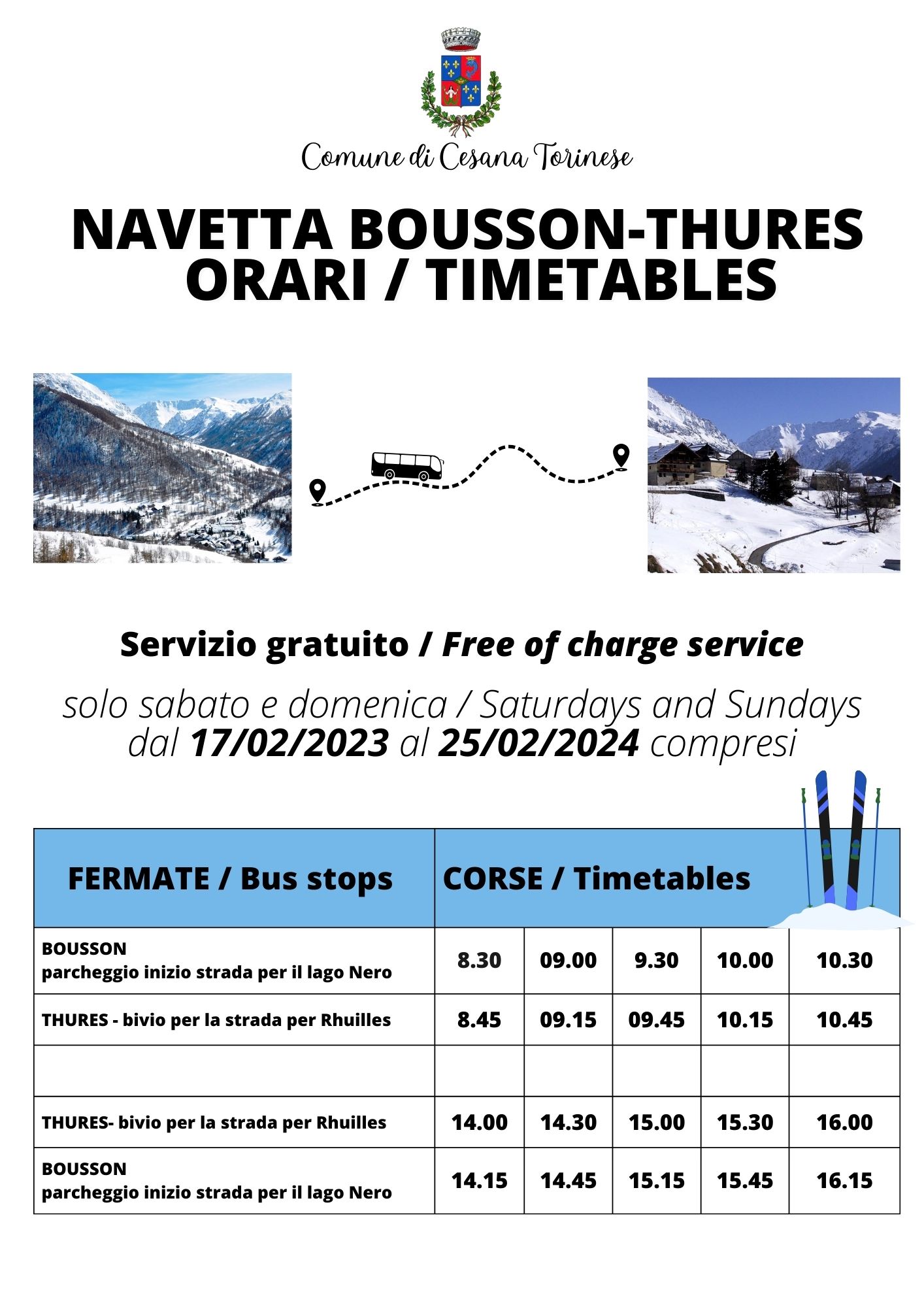 Avviso sospensione servizio gratuito di navetta da Bousson a Thures il 23 e 24/03/2024.